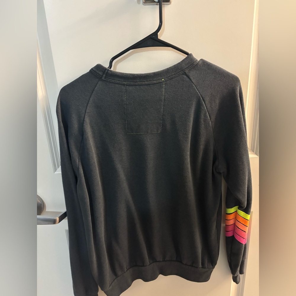 Gray Sweatshirt with Colorful Sleeve Stripes